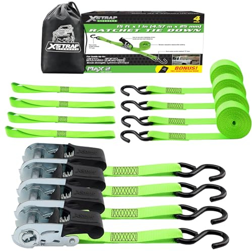 XSTRAP STANDARD Ratchet Tie Down Straps 4Pk 15Ft 1500Lb Break Strength, Cargo Straps for Moving Appliances, Lawn Equipment, Motorcycle, Includes 4 Soft Loops