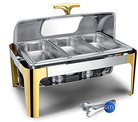 Aprilhp Buffet Serving Set, Food Warmer Stainless Steel Chafing Dish with 180° Full Flip Cover and Water Tray for Buffet Breakfast Restaurant Canteen, Alcohol Heating and Electric Heating, Visible