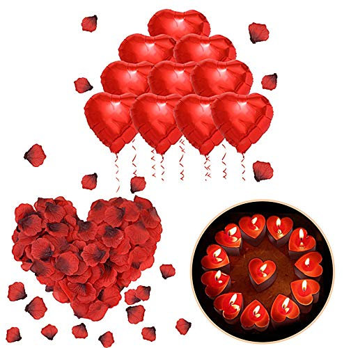 ASANMU Romantique Décorations Set, 50 Bougies en Forme de Coeur/1000 Pétales de Rose Rouges en Soie/10 Amour Coeur Feuille de Ballons Bougies pour Anniversaire Mariage la Demande en Mariage Fête