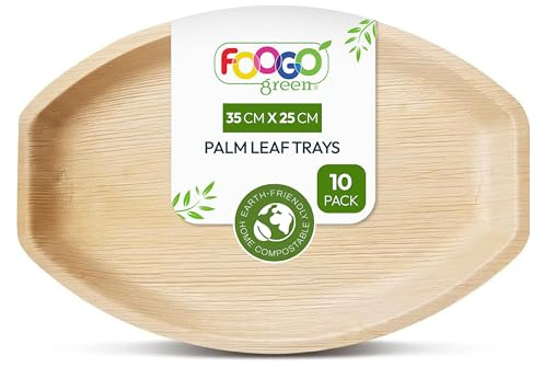 FOOGO Green 10 Einweg-Palmenblatt-Serviertabletts, Groß Oval 35x25 cm, für Platten, Vorspeisen, Canapés, Antipasti, umweltfreundlich und stabil wie Holzplatten für warme Speisen
