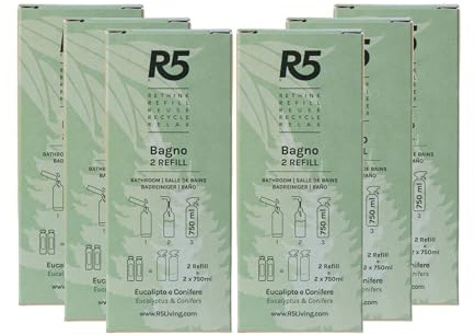 R5, Multipack 12 Refill Bagno, Detergente Igienizzante Bagno | Anticalcare per sanitari, docce, piastrelle e rubinetteria, senza aloni, profumo eucalipto e conifere, tensioattivi vegetali