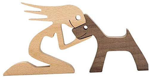 courti Neueste Holzfiguren Skulptur Ornamente Set, abstrakte Stil Menschen mit Hund Statue, Freundschaft zwischen Hund und Menschen Denkmäler Statue für