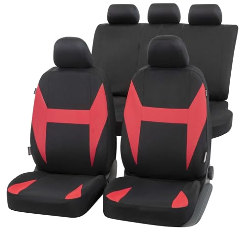 Walser Auto-Sitzbezug Caledon Komplettset, Universal PKW-Sitzbezüge 4-teilig, Auto-Schonbezüge, 2 Vordersitzbezüge, 1 Rücksitzbezug schwarz-rot