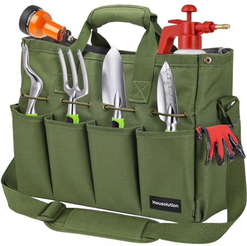 Housolution Borsa Portaoggetti da Giardino con Tracolla Regolabile, Borsa per Attrezzi da Giardinaggio con Manico in Poliestere 900D Multi-Tasca Porta Utensili Grande capacità per Giardiniere, Verde
