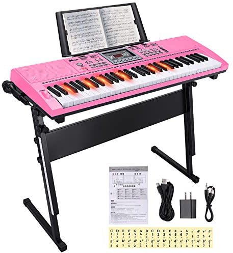 24HOCL 61 Key Premium Electric Keyboard Piano for Beginners with Stand, Built-in Dual Speakers, Microphone, Headphone, Stand & Display Panel (Rosa), BD-670