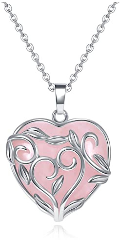 JSDDE Rose Quartz Crystal Necklace Silver Wrapped Heart Crystals Gemstone Pendant Necklaces Healing Stones Necklace for Women