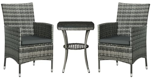 Outsunny 3 Pieces Rattan Bistro Set, Wicker Garden Furniture Set with 2-Tier Coffee Table and Chairs, Washable Cushions, for Outdoor Patio Balcony, Mixed Grey