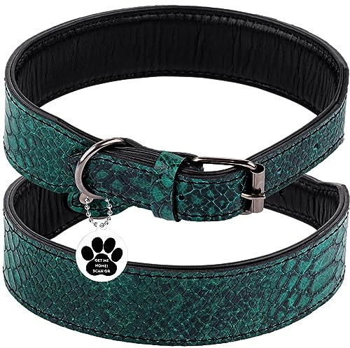 FAVPET Luxus Echtleder Halsband Hund Breit mit QR Code Anhänger, Gepolstertes Hundehalsband Leder Breit, Breites Lederhalsband Hund, Breite Hunde Halsbänder, Welpenhalsbänder Leder (Grün, M)