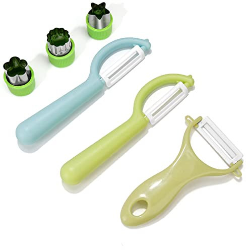 Kinderschäler 6-teiliges Set zum Schneiden von Obst, Gemüse und mehr, mit leicht zu greifenden Griffen, enthält grüne Keksausstecher, Kinder Gemüseschäler (dunkelgrün, blau und hellgrün)