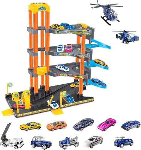 Xwin Sportseries Spiral Parking Garage Toy Set for Kids, 4-Storey Parking Lot With Helicopter Playset Preschool Car Games Toys for Kids Vehicle Playsets Race Car Ramp Track Toy for 5+ Year Old