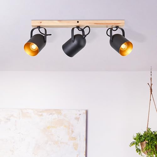 Lightbox 3 flammige Spotbalken im Natural Stil mit schwenkbaren Köpfen - 18 cm Höhe - 57,5 cm Länge - 3 x E14 Fassung - aus Metall/Holz ist aus dem Kautschukbaum - in Goldfarben/Schwarz/Braun