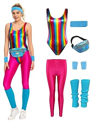 MASSWO Aerobic-Kostüm für Damen im 80er-/90er-Jahre-Stil, Retro-Trikot-Set | Leggings mit hoher Dehnung, Zubehör, Bewegung, Joggen, Laufen, Fitnessstudio, Motto-Party, Halloween