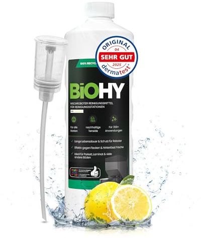 BiOHY Wischroboter Reiniger für Station mit Frischeduft (1L) + Dosierer | Bodenreiniger Wischroboter & Reinigungsmittel für Saugwischer und Saugroboter Konzentrat für Parkett, Fliesen & Hartböden