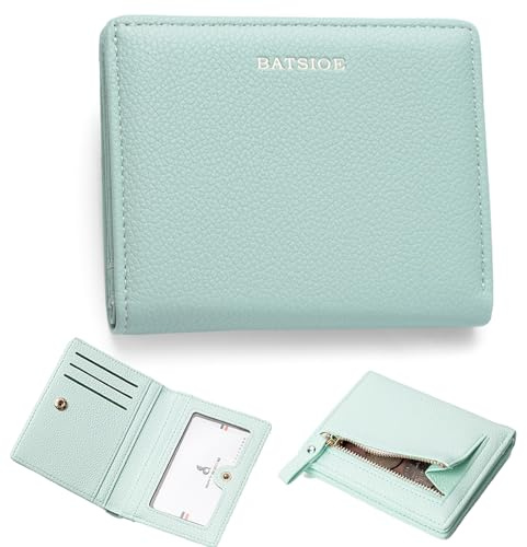 Sugeru Portemonnaie Kleines Mini Kurzer Damen aus Weichem PU Leder mit Schnappverschluss | Geldbörse Damen Viele Fächer,Kreditkartenetui,Ausweisfenster,Münzfach Zipper,Geldbeutel Kurzformat (Grün)