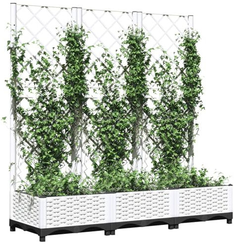 Kavolet Pflanzkübel mit Spalier, Gartenspalier, Hochbeet mit Rankgitter, Blumenkübel Rankhilfe, 3 Töpfen Pflanzkübel Pflanzkasten, Weiß 120x40x121,5 cm PP