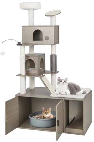 COSTWAY Arbre a Chat Litiere Intégrée, Meuble Litiere Cachées, Poteaux à Griffer en Sisal, 2 Condos, 2 Pompons, Planche à Griffer, 2 Tapis à Gratter, Brosse de Massage, Maison de Toilettes (173 CM)