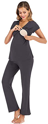 rismart Mujer Conjunto de Pijama de Maternidad Camisetas de Manga Corta y Pantalones Largos Premamá Lactancia Camison(Gris Oscuro,3XL)