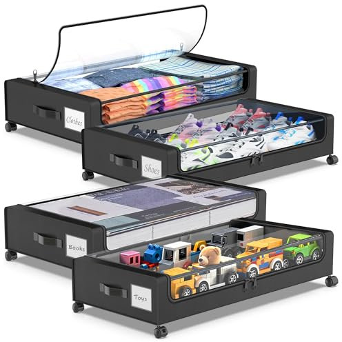 Beborxue Under Bed Storage with Wheels, 4-Pack UnderBed Storage Containers with Clear Lids, XXL 60L Under the Bed Storage Organizer Bins, Rolling Under Bed Metal Drawer for Clothes,Shoes,Toys (Black)