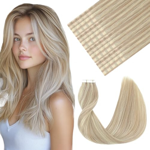 VINBAO Mikro Tape in Extensions Echthaar Blond Ashblond Highlight Gebleichtes Blond Remy Haarverlängerung Echthaar 50g 20pcs 40cm Glatt Dicke Haare Tape in 16 Zoll #18P613