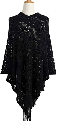 Uqezagpa Sciarpa da donna, donna scava fuori uncinetto maglione mantello pullover lavorato a maglia scialle sciarpa poncho, Nero , Length: about 90cm (excluding tassels)
