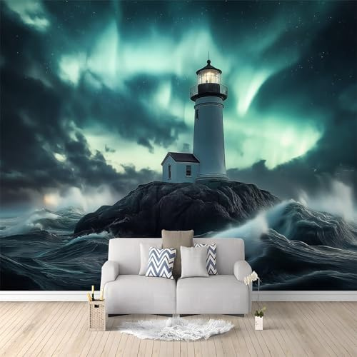 Wandtapete Natur Polarlicht Leuchtturm Fototapete Grün Vliestapete für Büro Flur Schlafzimmer Wohnzimmer wand Dekoration 350 x 256 cm Panorama Poster wandbild tapete moderne wand Dekoration Design