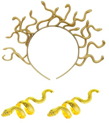 CXNXFD Medusa Kostüm-Set, Goldenes Medusa Kopfschmuck mit 2 Schlangenringe, Schlangenzubehör für Karneval, Maskerade, Party, Cosplay