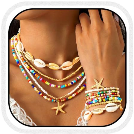 Reaky Boho-Perlen-Halskette, bunte Seestern-Halsketten, mehrlagiges Muschelarmband und Halsketten-Set, Strand-Accessoires für Frauen und Mädchen (12er-Pack) (Farbe)