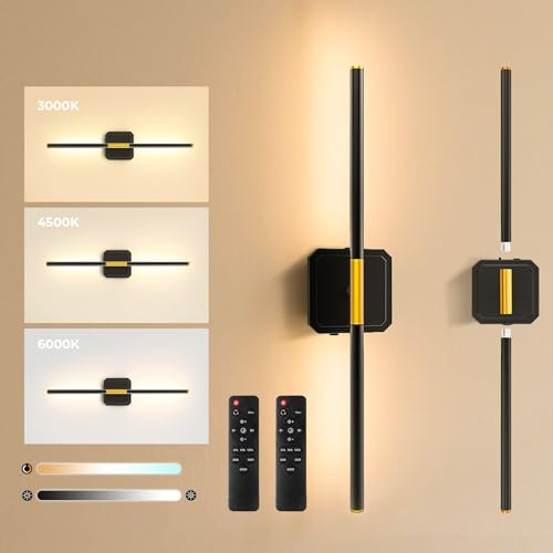 GvvooHome Battery Operated Wall Sconces Set of 2, Detachable 360°Rotate Wall Lamps, 3000-6500K Dimmable with Remote Control, 10000mAh Rechargeable Wall Light for Bedroom, Living Room, 28.3 Black Gold