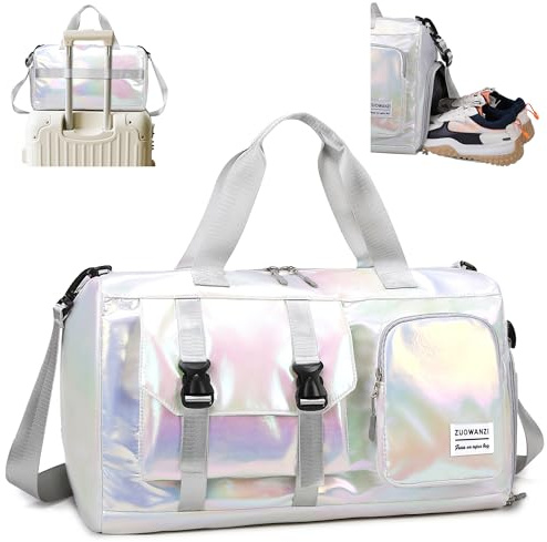 Tokeya Sporttasche Damen Reisetasche mit Schuhfach und Nassfach, Beige | Wasserdicht Schwimmtasche Frauen, Glitzer Gym Bag, Mädchen Leicht Faltbar Duffel Bag, Sport Fitness Training Reisen