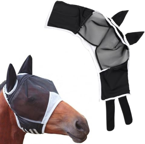 DIFLAX Máscara contra Moscas de Caballo con Orejas – Máscara de Caballo de Malla Transpirable para Cara Completa y Nariz para Protección UV y Mosca, Máscara Caballo (L) Negro