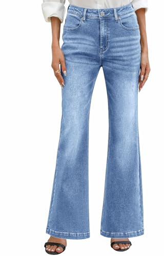 PASUDA Jeans Donna Vita Alta Jeans Elasticizzati a Zampa Elefante Pantaloni Bootcut Larghi Flared Jeans Slim Fit Bell Bottom Taglia Grande con Tasche Moda Casual retrò (Azzurro, S)
