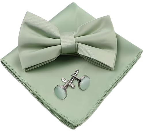 Powerruif Fliege Herren Mintgrün, Anzug Accessoires für Herren Set mit Einstecktuch und Manschettenknöpfen, Fliege mit Verstellbarer Größe Einstecktuch Set für Formelle Events und Hochzeiten