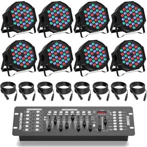 GdjRttk 8PCS LED Par Strahler mit DMX Controller, RGB 72W Bühnenlicht mit Fernbedienung und DMX Kabel, Sound Aktiviert LED Partylicht 7 Beleuchtung Modi für Disco Partys Bar Halloween Weihnachten