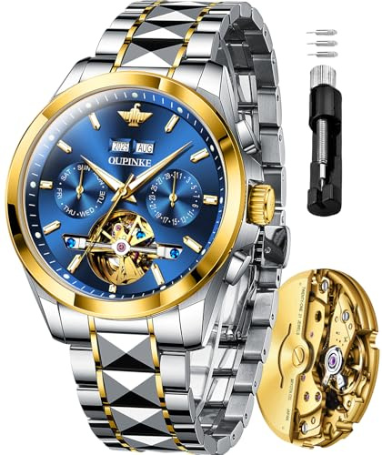 OLEVS Automatikuhren für Herren, mechanisch, Business, selbstaufziehende Armbanduhr, Multi-Kalender, Edelstahl, wasserdicht, luxuriöse Herrenuhren, 3290, zweifarbig/blau, 3290-two tone/blue, Herrenuhr