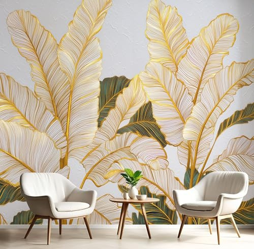 Carta Da Parati Foglie Di Banano Dorate 350×256Cm Carta Da Parati In Tessuto Di Seta, Elegante Lussuoso Adatto Per Soggiorno, Camera Letto, Cucina, Mobili Per Ufficio Pareti Decorazione Murale Oro