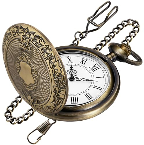 Tiong Vintage Bronze Shield Pocket Watch with Chain, Intricate Engraved Case & Roman Numeral Dial, Classic Retro Men's Quartz Pocket Watches