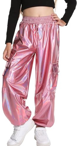 SEAUR Pantalon Cargo Métallique Brillant Fille Pantalon De Danse Jazz Hip Hop Disco Party Street Dancewear Ceinture Élastique 6-7 Ans