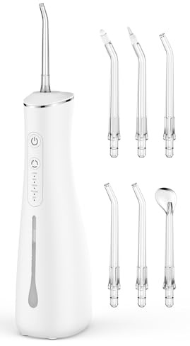 Jet Dentaire Hydropulseur électrique rechargeable sans fil 4 modes 300ML Réservoir d'eau IPX7 étanche pour les voyages et la maison (Blanc)