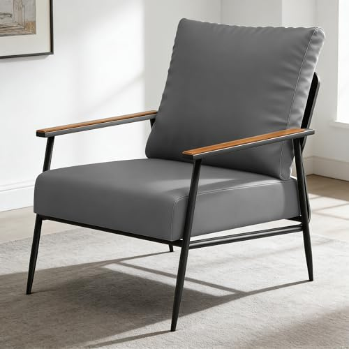 Generisch PU Leder Akzentstuhl, Sessel mit Metallgestell im Mid-Century-Stil, Beistellstuhl mit Rückenpolster und Armlehnen aus Massivholz für Wohnzimmer, Lounge, Büro, Empfangsbereich (Grau)