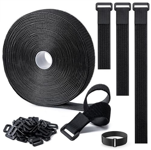 3,8cm x 10m Klettband mit 50 Schnallen Schneidbarer Wiederverschließbare Kabelbinder Klett Schwarz Kabel Klettband Klettbänder Rolle für Kabel Schläuche Rohre
