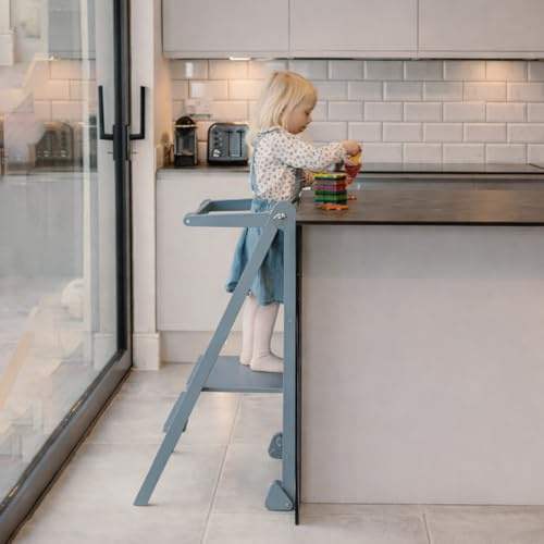 Adjustable Foldable Learning Tower for Children Aged 1-6 Years Old, The Original Wooden Kitchen Helper Stool with Safety Bar, Montessori Step Stool for Kitchen & Bathroom, Space-Saving Design, Grey