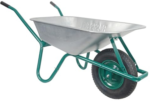 HBH Schubkarre 85 Liter Garten, grün | bis 160kg Tragkraft, Luftrad 4,00-8, Stahlfelge mit Kugellager, verzinkte Stahlmulde, mit Muldenstützbügel und Kippbügel