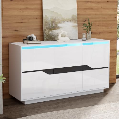Commode avec tiroirs, buffet blanc brillant et noir, avec éclairage LED et contrôle par application, meuble TV avec 3 portes et étagères réglables, armoire de rangement pour salon, 140 x 40 x 70 cm