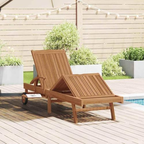 HFMDRMU Lettino prendisole pieghevole in teak con cuscino, marrone, 195 x 59 x 78,5 cm, legno massello teak, braccioli regolabili per giardino, terrazza e balcone