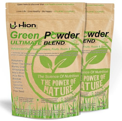 Hion Super Greens Powder | 11 Superfoods incl. Wheatgrass, Spirulina, Chlorella & Green Tea | Energy, Gut & Immune Support | No Fillers | Vegan & Gluten-Free | 60 Servings | Award-Winning & UK Made