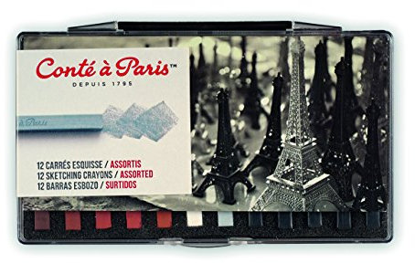 Conté Carré 50150 Pastellkreide im 12er Set, harten Kreiden in Rechteckform, Farbstark, für Skizzen und Zeichnungen auf allen Arten von Papier oder Karton - 12 Pastelle im Set Esquiss gemischt