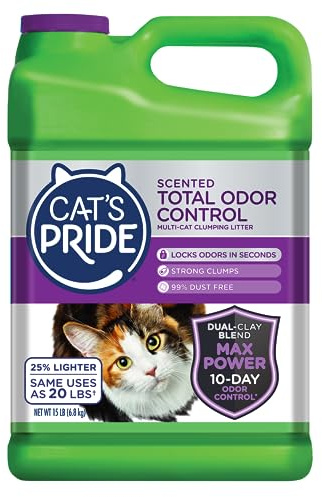 Cat's Pride Max Power: Total Odor Control - Up to 10 Days of Powerful Odor Control - Strong Clumping - 99% Dust Free - Multi-Cat Litter, Scented, 15 Pounds