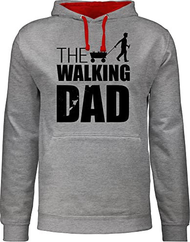 Pullover Herren Frauen Hoodie Kontrast zweifarbig - Papa - The Walking Dad - Bollerwagen Bier - XXL - Grau meliert/Rot - vatertag vatertagsgeschenk alkohol pulli vater walkind kapuzenpullover väter