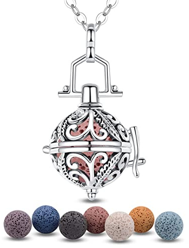 EUDORA Harmoniboll, flytande medaljong, kvinnor, aromaterapi,eterisk oljespridare, hänge, halsband med 7 st lavasten, 61 cm (24 tum) e silverpläterad, colore: Modell 1, cod. H054F00-16-NL34-24