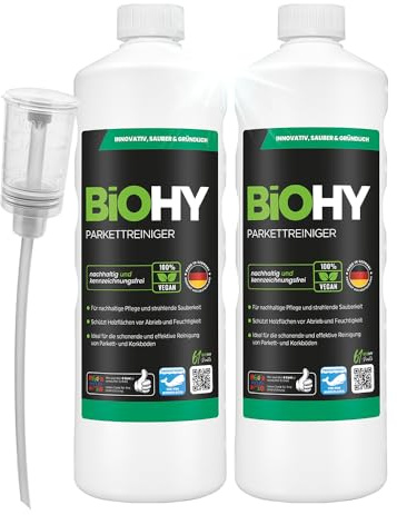 BiOHY Parkettreiniger (2 x 1 liter) + Dosierer | Konzentrat für versiegeltes & geöltes Parkett | materialschonend & schmutzlösend | für eine streifenfreie Reinigung | 2 in 1 Pflege & Reinigungsmittel